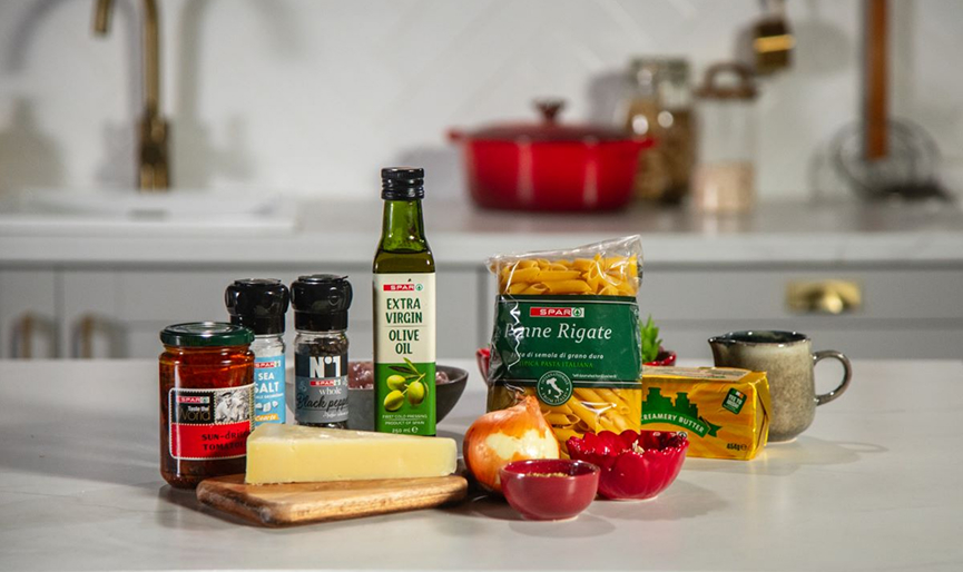 Tuscan Chicken Pasta ingredients on kitchen counter